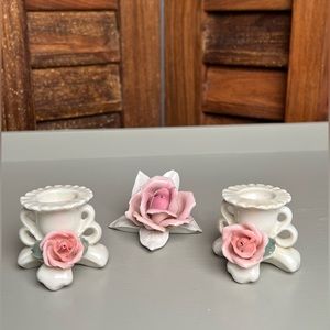 💘2 porcelain Rose table candlesticks & BONUS! See last photo. Vintage European!